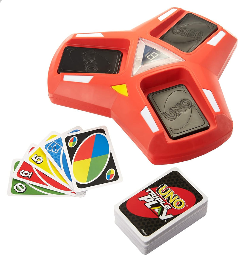 Mattel Games UNO Triple Play, Uno Kartenspiel für die Familie, mit Licht und Soundeffekten, Perfekt