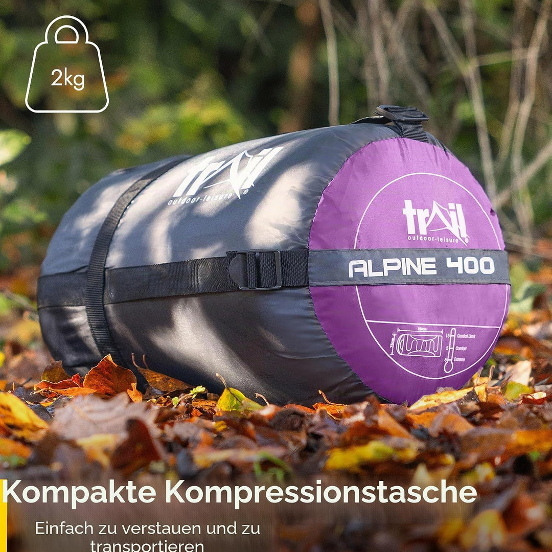 Trail-Alpin-Schlafsack mit Kapuze – 250 g Schlafsack, 3-Jahreszeiten- Schlafsack. Leicht, kleines Pa