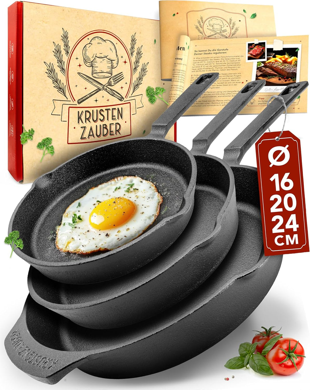 KRUSTENZAUBER 16+20+24cm Gusseisenpfannen Induktion - Voreingebrannte Gusseisen Pfannen - Ideale Gri