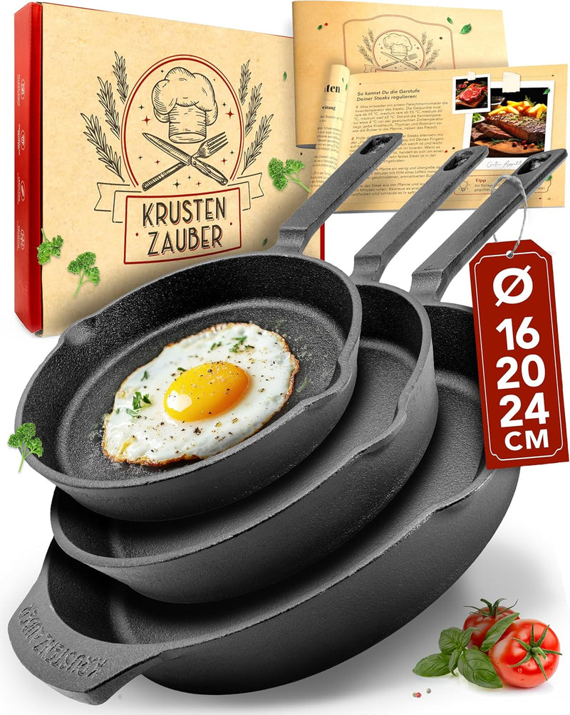 KRUSTENZAUBER 16+20+24cm Gusseisenpfannen Induktion - Voreingebrannte Gusseisen Pfannen - Ideale Gri