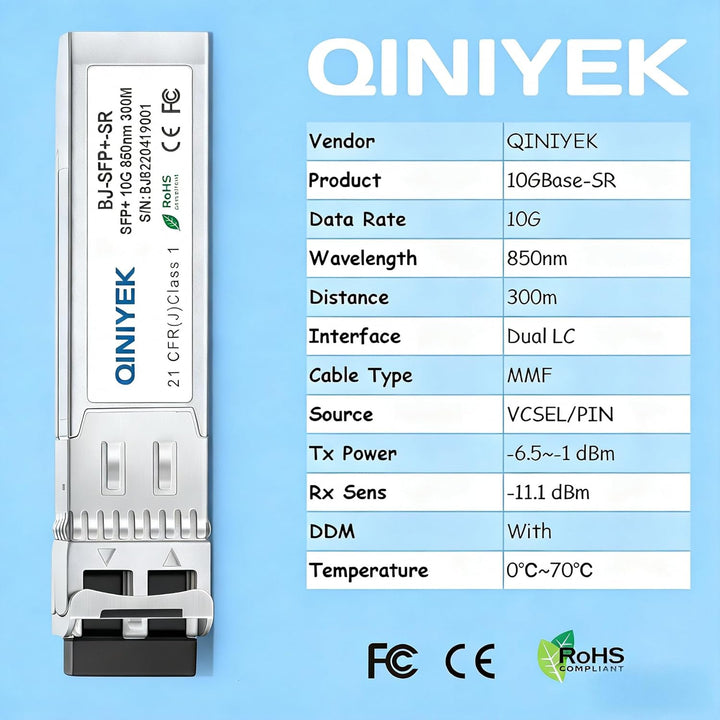 QINIYEK 10GBase-SR SFP+ Transceiver, 10G Multimode SFP+ LC-Modul, 850 nm MMF, bis zu 300 m, kompatib