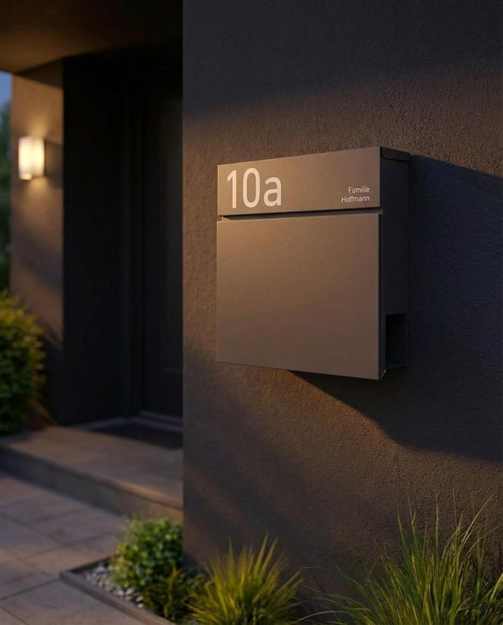 Radius® Designer Briefkasten Edelstahl - Hausnummer & Briefkasten Namensschild personalisiert mit La
