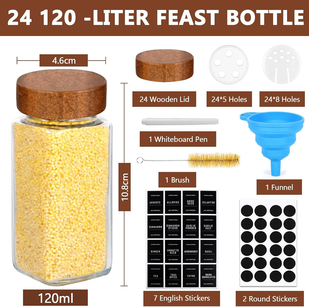 24 Stück 120ml Gewürzgläser Eckig Set, Gewürzgläser Set, Gewürzgläser Eckig mit Holzdeckel, Gewürzdo