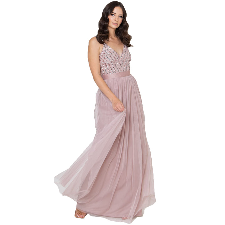 Maya Deluxe Damen Maxi Abendkleid Elegant für Hochzeit mit V-Ausschnitt Tüllkleid Schleife Brautjung
