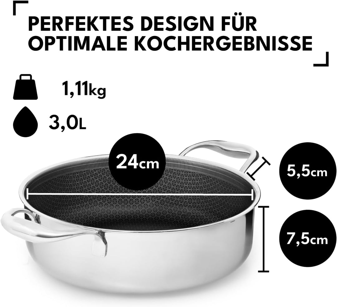 Schmorpfanne 24 cm, 3 l | Bräter mit Hohem Rand | Sautepfanne Induktion für Alle Herdarten | Kratzfe