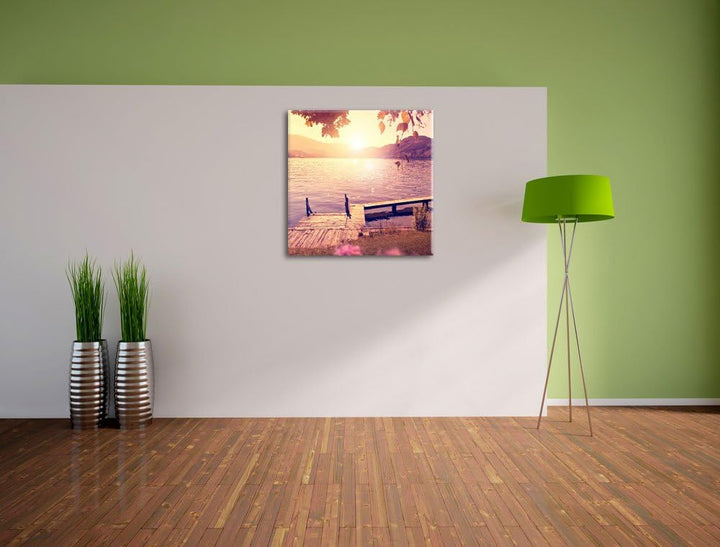 Pixxprint Steg im Sonnenuntergang Meer Urlaub, Format: 70x70 auf Leinwand, 70x70