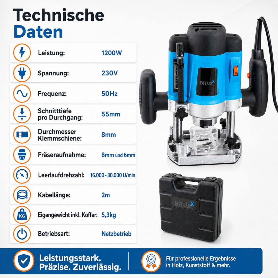 Bituxx 1200W Oberfräse Fräse Kantenfräse Holzfräse Parallelanschlag, Absaugadapter inklusive 12 tlg.