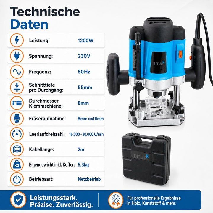 Bituxx 1200W Oberfräse Fräse Kantenfräse Holzfräse Parallelanschlag, Absaugadapter inklusive 12 tlg.
