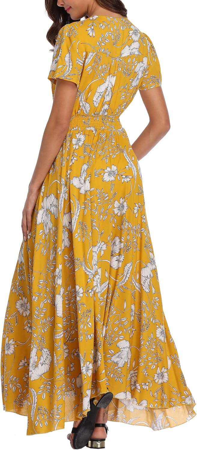 Damen Lange Split Knopf Up Sommer Maxikleid Floral Strandwear Holidy Kleid Hohe Taille mit kurzen Är