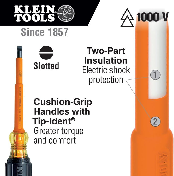 Klein Tools 612-4-INS Isolierter 1/8 Zoll Schlitzschraubendreher, 10,2 cm 1/8" Tip/ 4-Inch Length, 1