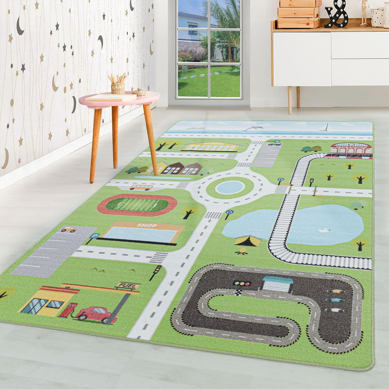 HomebyHome Kinderteppich Strasse Verkehr Design Grün 100x150 cm - Kurzflor Teppich Kinderzimmer Rech