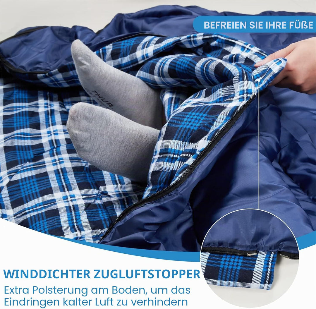 Baumwollflanell-Doppelschlafsack für Camping, Wandern oder Wandern. Queen Size 2 Person wasserdichte