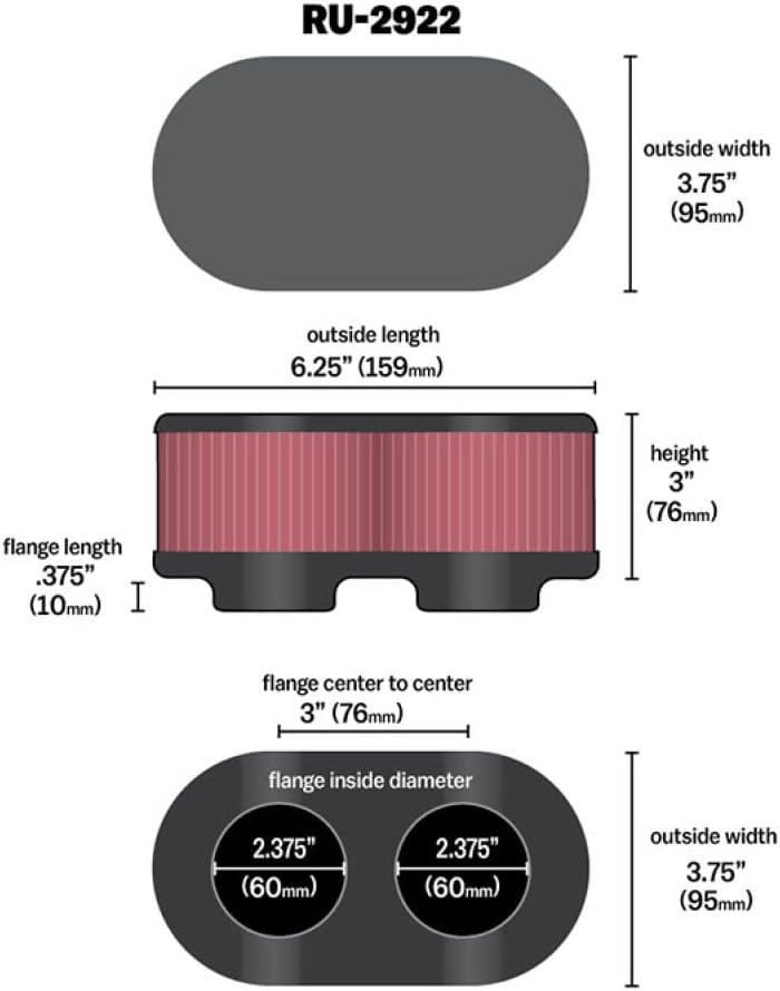 K&N RU-2922 KFZ und Motorrad Universal-Luftfilter aus Gummi, 2pcs
