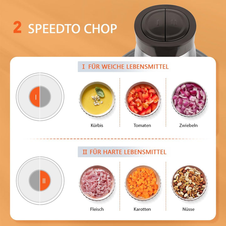 Bear 2L+1.8L Zerkleinerer Elektrisch Mini, 600W 2 Geschwindigkeitsstufen, Häcksler mit 4-Edelstahlkl