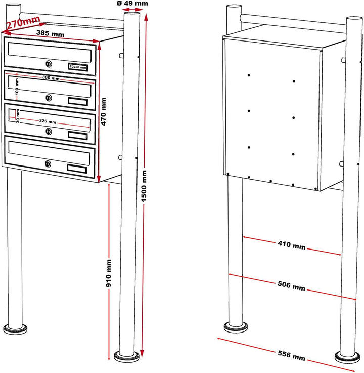 Wiltec 4er Briefkastenanlage Anthrazit 270 x 513 x 1500 mm, Standbriefkasten mit 4 Fächern, Schlüsse