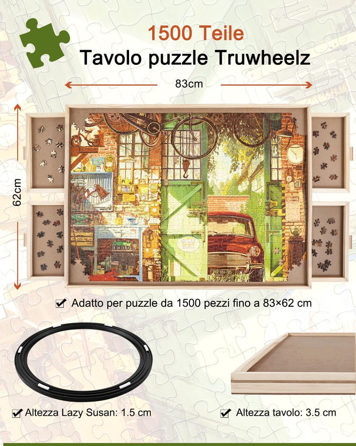 1500 Stück Drehbares Puzzlebrett mit Schubladen und Abdeckung, 64 x 87 cm Tragbarer Holz-Puzzletisch