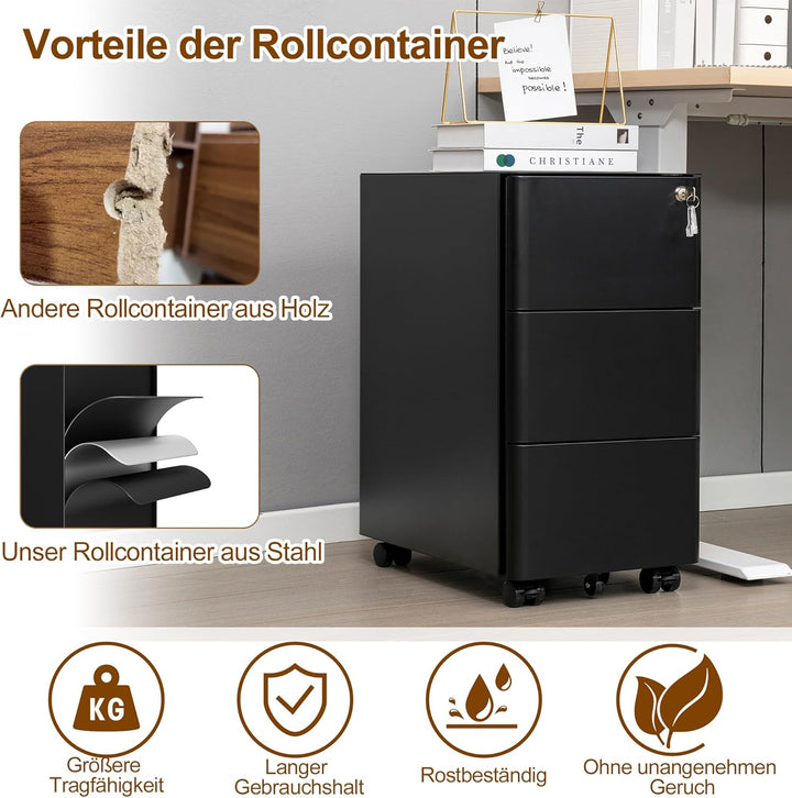 Rollcontainer, Mobiler Aktenschrank mit Schloss, Abgerundeten Ecken, 4 Schlüssel, 3 Schubladen, Druc
