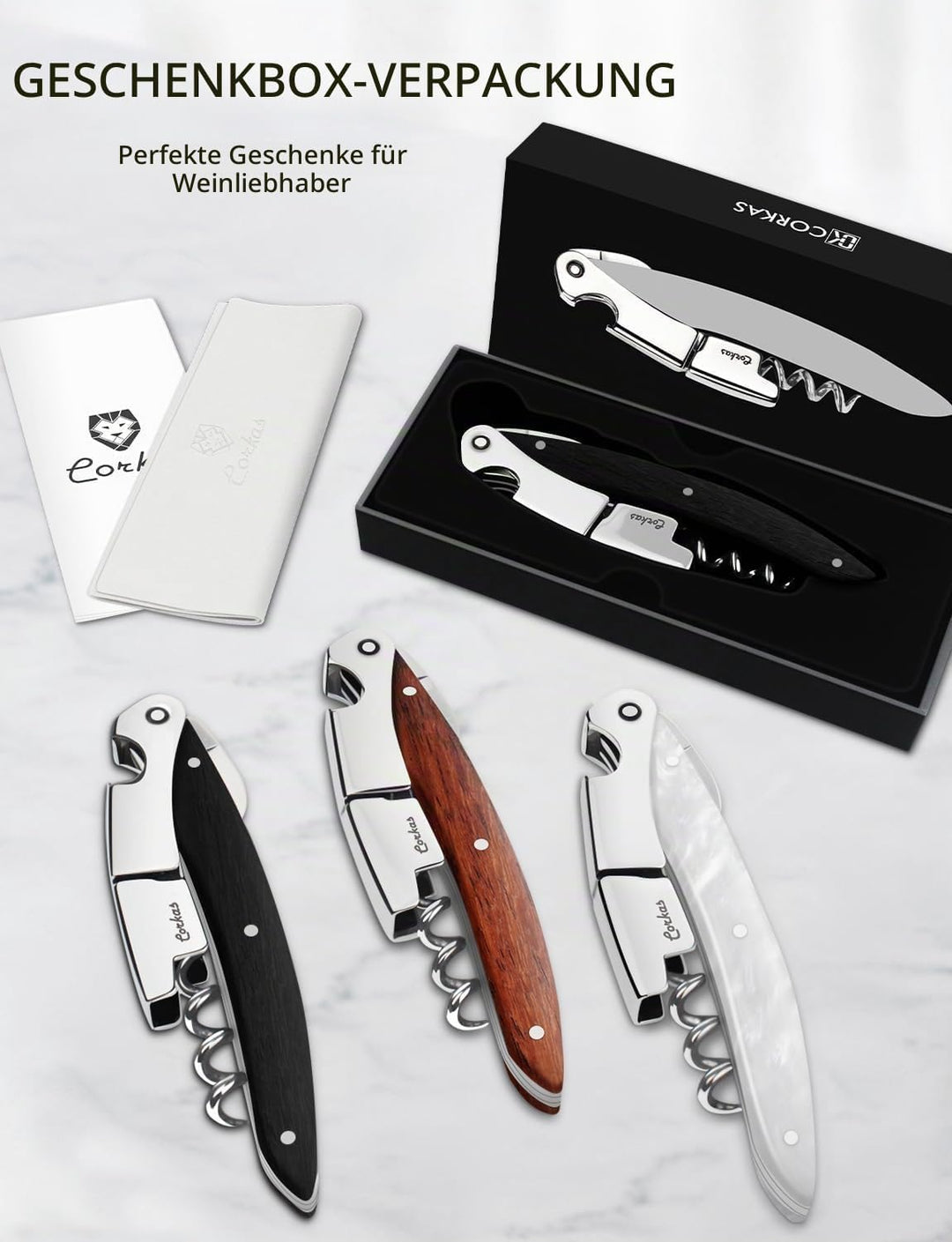 CORKAS Kellnermesser - Profi Korkenzieher multifunktionaler Weinöffner, Folienschneider und Flaschen
