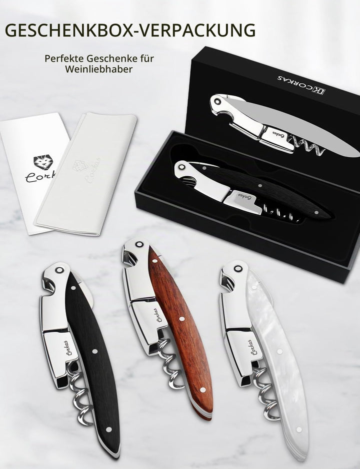 CORKAS Kellnermesser - Profi Korkenzieher multifunktionaler Weinöffner, Folienschneider und Flaschen