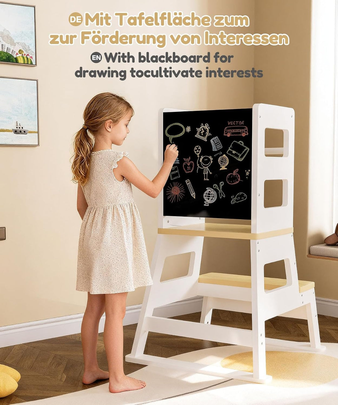Yorbay Kinder Lernturm ab 1 Jahr: Stylisch Learning Tower mit Tafel - Massiv Montessori Lernturm Kin