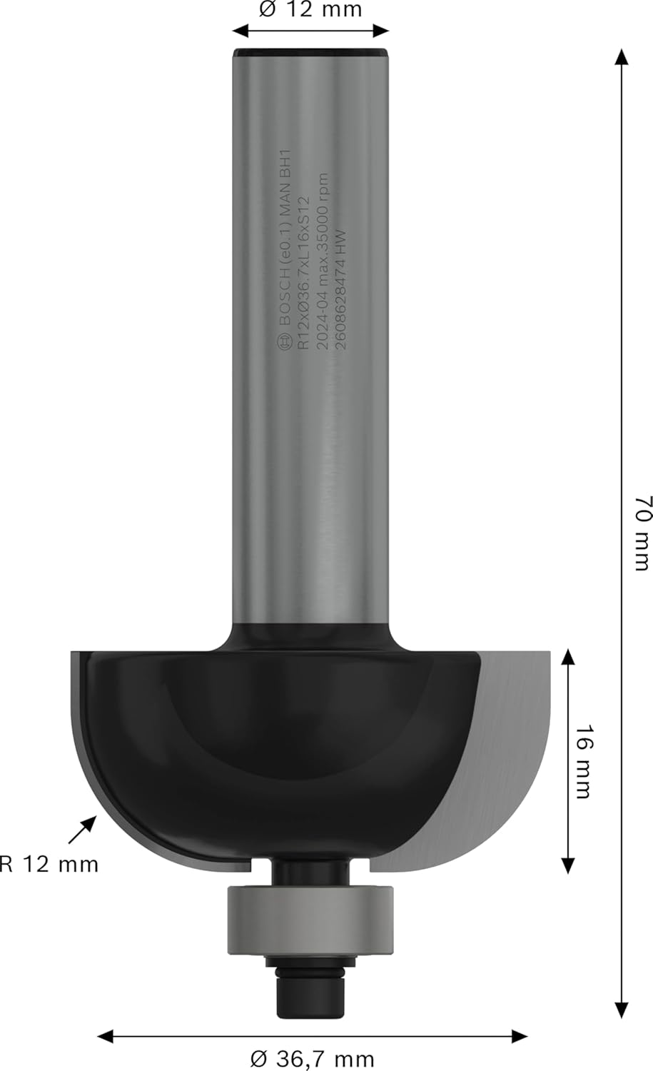 Bosch ProfessionalZubehör 2608628474 Hohlkehlfräser 12 mm, R1 12 mm, D 36,7 mm, L 16 mm, G 70 mm Ø 3
