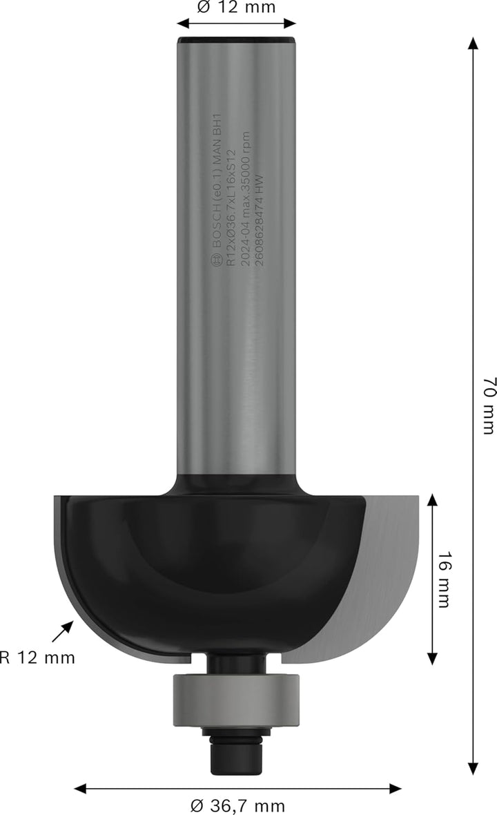 Bosch ProfessionalZubehör 2608628474 Hohlkehlfräser 12 mm, R1 12 mm, D 36,7 mm, L 16 mm, G 70 mm Ø 3