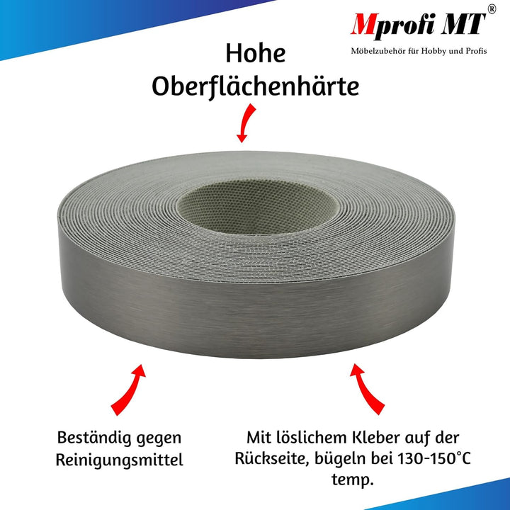 Mprofi MT® Kantenumleimer ABS Stahl Gebürstet | 22 mm x 5 m | Melamin Kantenband mit Schmelzkleber |