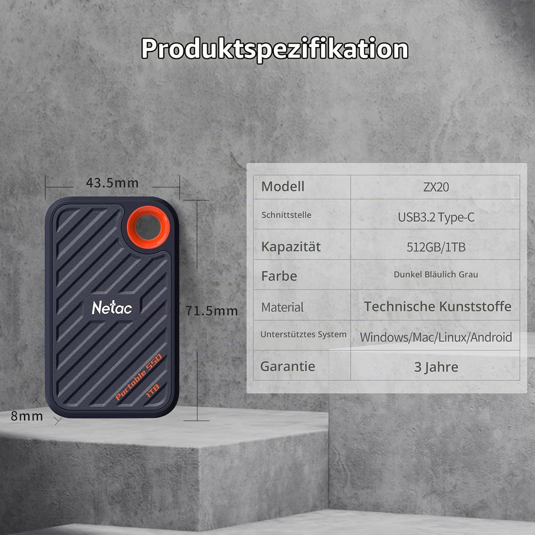 Netac ZX20 Extreme SSD 1TB Portable NVMe SSD USB 3.2 Gen 2x2 Bis zu 2000MB/s Lesen und 1700MB/s Schr