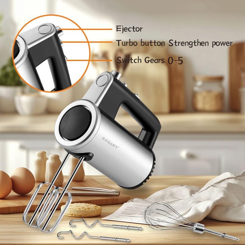 SOKANY 3-in-1 Handmixer SK-02017, 800 Watt Handrührgerät mit 5 Geschwindigkeiten, Edelstahl Rührgerä