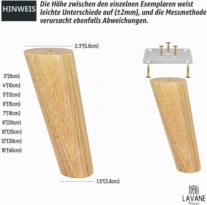 8cm Holz Tischbeine, La Vane 4 Stück Massivholz Schräg Konisch Ersatz Möbelfüsse Möbelbeine mit Mont