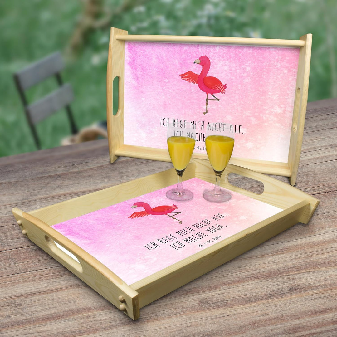 Mr. & Mrs. Panda Tablett Flamingo Yoga - Geschenk, Bett-Tablett, Holztablett, für getränke, Baum, Na