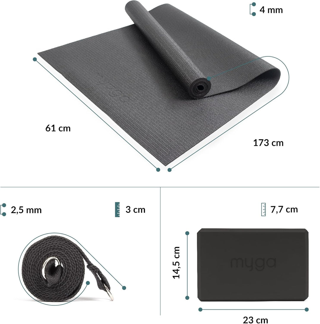 Myga Yoga-Starter-Set – Yogamatte, 2 Yoga-Blöcke und Yogagurt – Starter-Set mit Matte, 2 Steinen & M