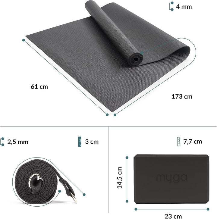 Myga Yoga-Starter-Set – Yogamatte, 2 Yoga-Blöcke und Yogagurt – Starter-Set mit Matte, 2 Steinen & M