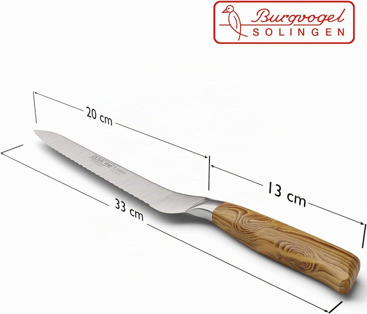 Burgvogel Solingen Brotmesser 20 cm geschmiedet Olivenholz, Oliva Line, Wellenschliff, rostfrei, hel