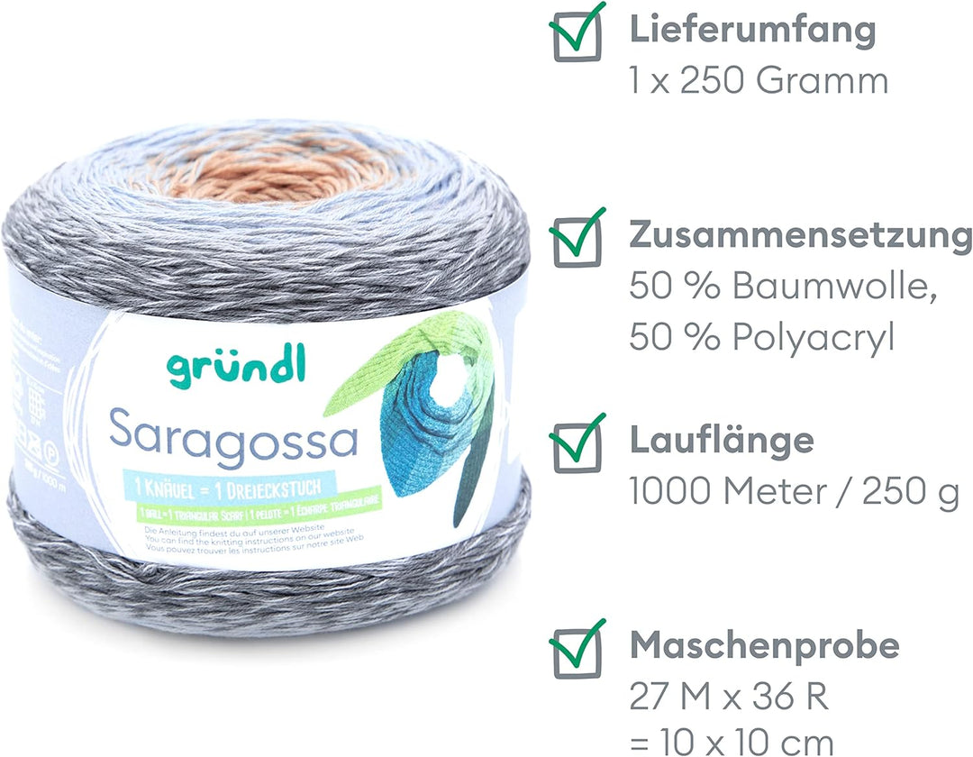 Gründl Wolle Saragossa (weiches Farbverlaufsgarn aus 50% Baumwolle und 50% Polyacryl, 250 g / 1000 m