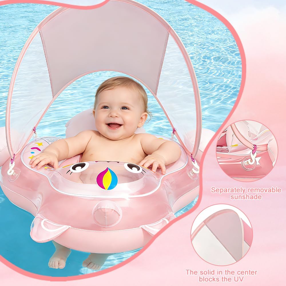 Schwimmring Baby mit Abnehmbarem Sonnendach, Aufblasbarer Baby-Schwimmkörper mit Sicherheitssitz, Ba