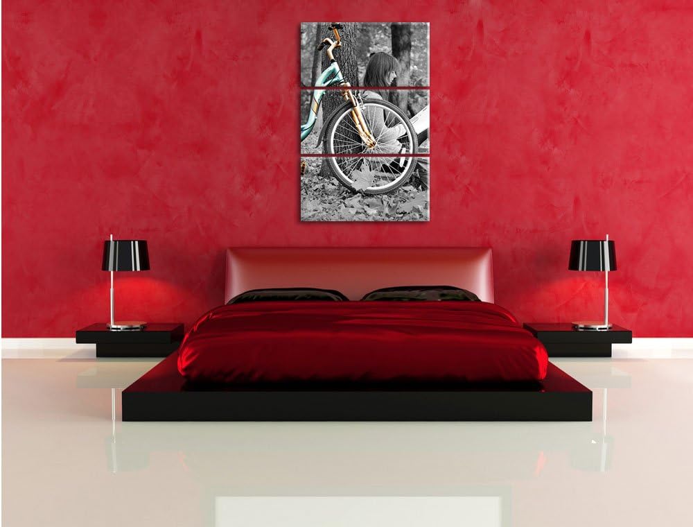 Pixxprint Junges Mädchen mit Fahrrad als Leinwandbild/Grösse: 3 Teilig (120x80) cm/Wandbild/Kunstdru