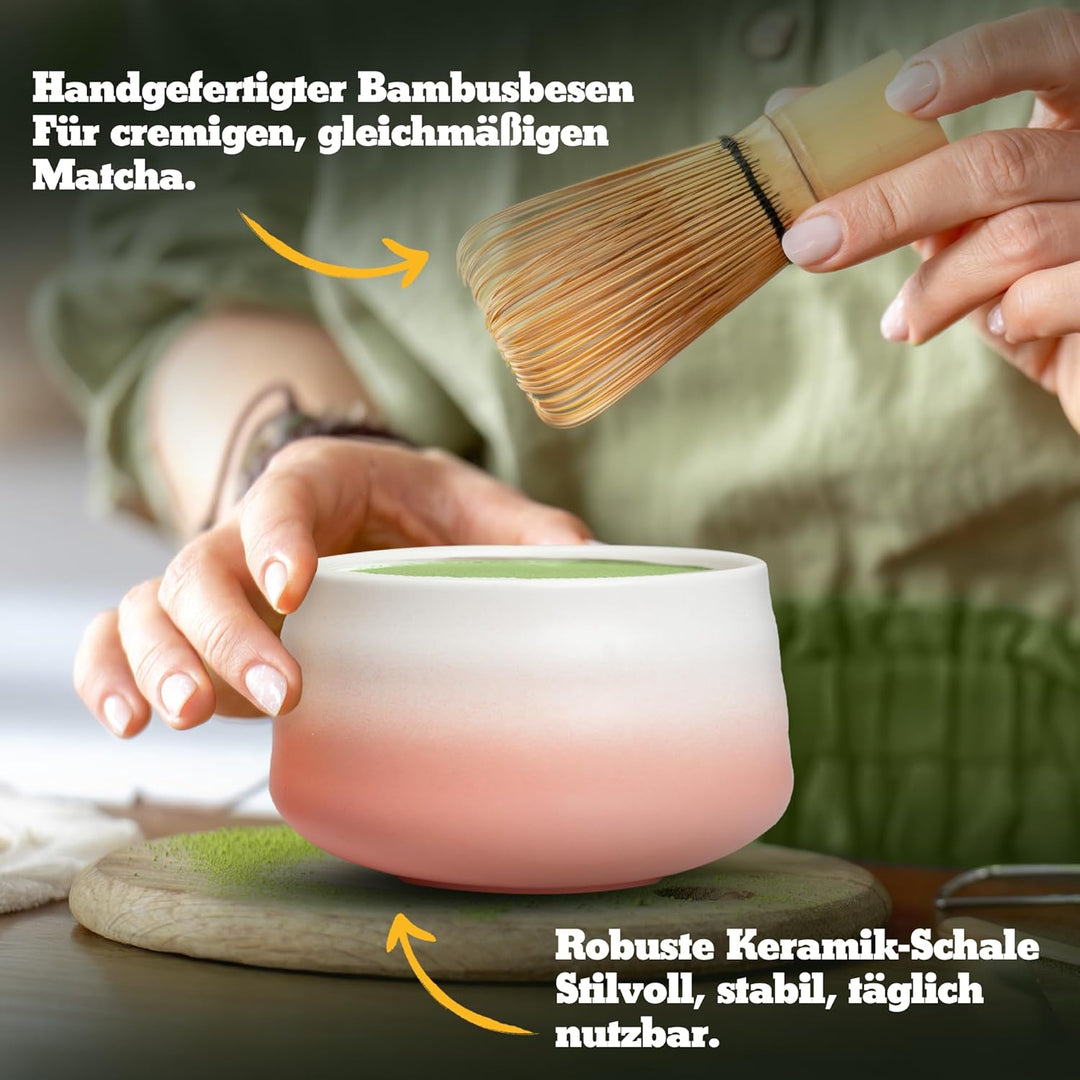 Premium Matcha Set aus Keramik - Traditionelles Matcha-Set mit Matcha Besen und Schale, Sieb und Bes