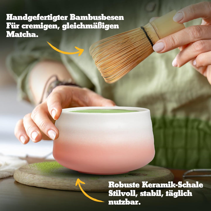 Premium Matcha Set aus Keramik - Traditionelles Matcha-Set mit Matcha Besen und Schale, Sieb und Bes