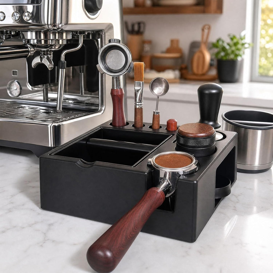 Espresso Tamperstation 51-54-58mm Tamperstation mit Abklopfbehälter 8-in-1 Coffee Tamping Station Sc