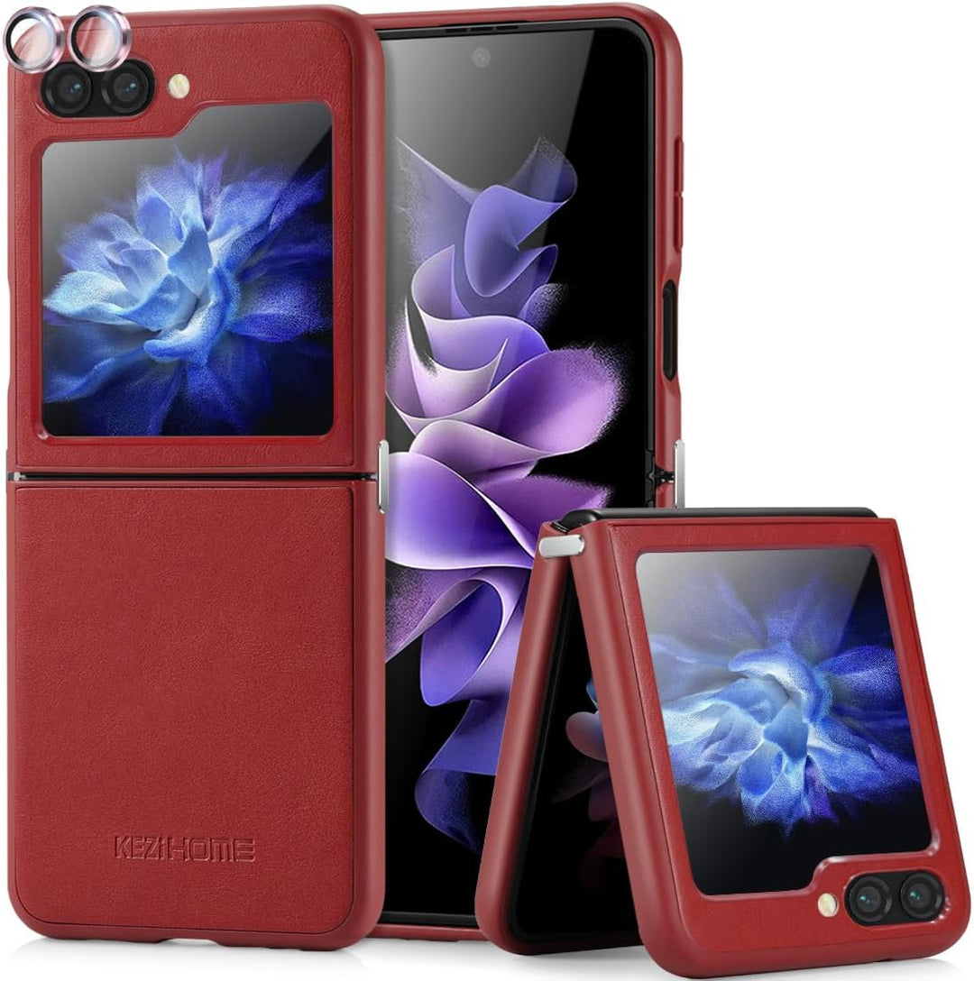 KEZiHOME Handyhülle für Galaxy Z Flip 5 Hülle, Echtleder Flip Z 5 Cover [Kamera&Display Schutzfolie]