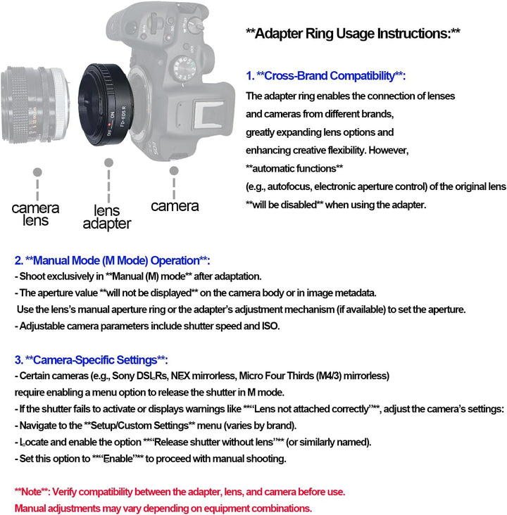 FD-EOS R Objektivadapter Adapterring auf für Canon FD/FL Objektiv Kompatibel für EOS R-Mount Kamera
