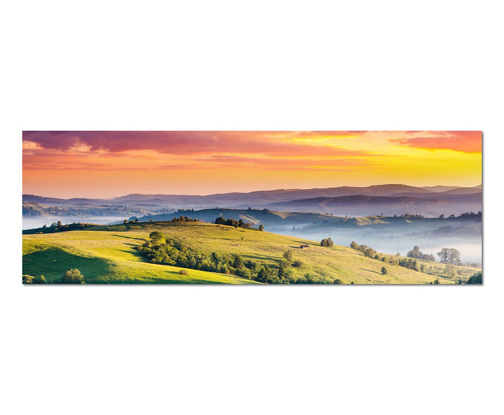 Paul Sinus Art Panoramabild auf Leinwand und Keilrahmen 150x50cm Ukraine Berge Wiesen Wolken Sonnenu