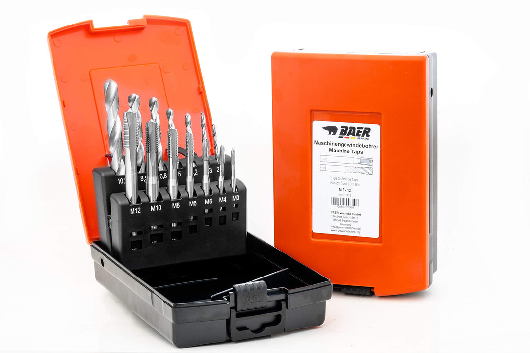 BAER Gewindeschneider Set HSSG: Maschinengewindebohrer Durchgangsloch - Kernlochbohrer: M3 - M12 - G