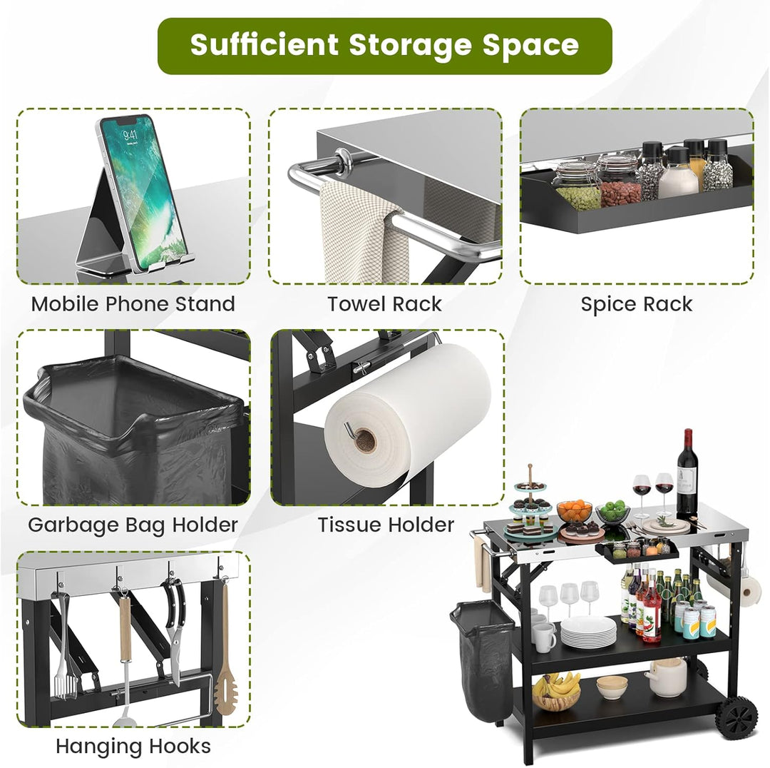 KOMFOTTEU Grillwagen klappbar, Grilltisch mit Edelstahl Arbeitsplatte, Outdoor Rollwagen mit 2 Rolle