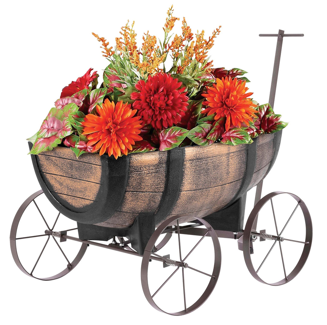 Blumenwagen Whiskyfass - Pflanzwagen auf rädern, Gartendeko Blumentopf Barel - realistischer Blument