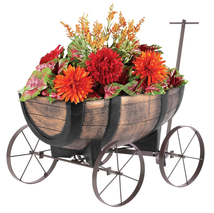 Blumenwagen Whiskyfass - Pflanzwagen auf rädern, Gartendeko Blumentopf Barel - realistischer Blument