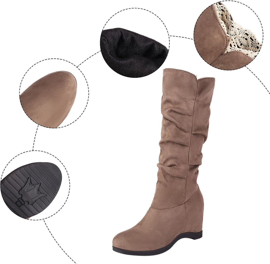 Winterstiefel Damen, Winterstiefel Damen mit Absatz Plateau Keilabsatz Langschaft Hohe Stiefel Elega