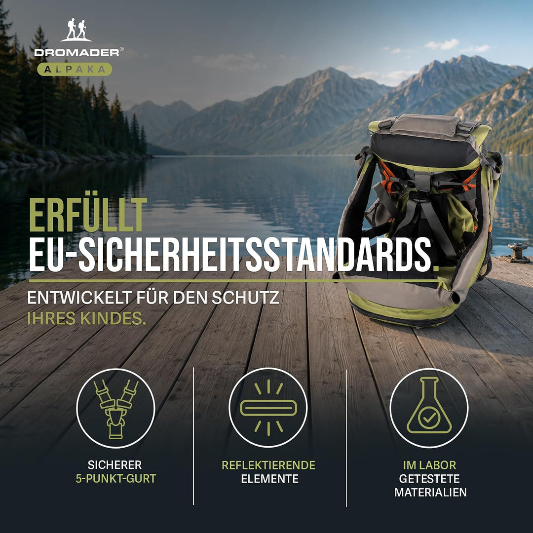 Dromader Kraxe Kindertrage bis 22kg – Kindertrage Wandern mit Sonnendach, Regenschutz, Thermotasche,