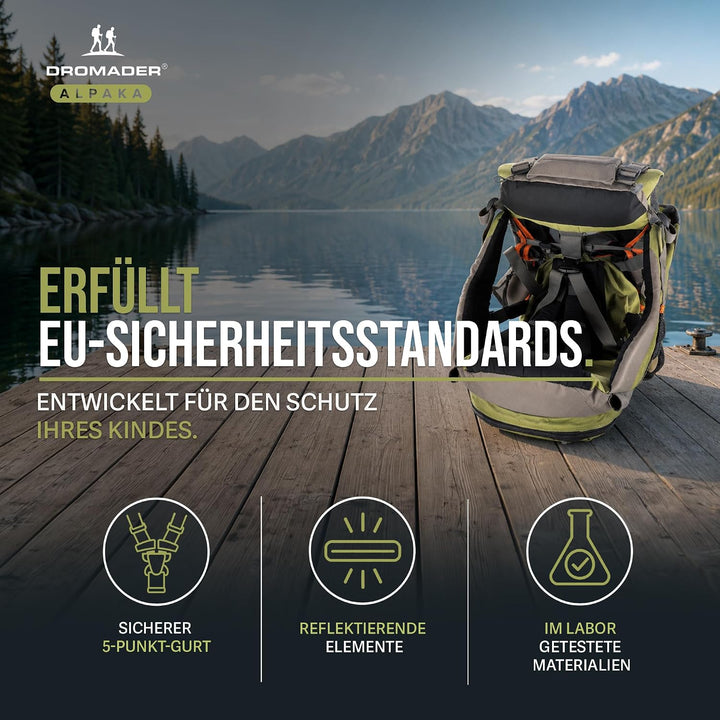 Dromader Kraxe Kindertrage bis 22kg – Kindertrage Wandern mit Sonnendach, Regenschutz, Thermotasche,